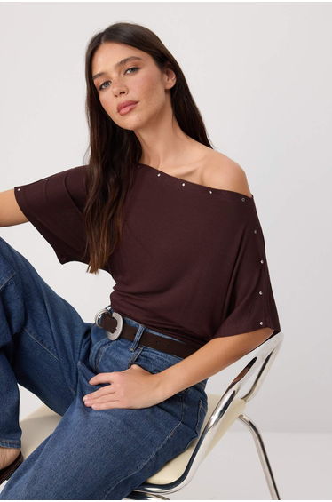 Brown Regular/Normal Fit Asymmetric Collar Accessory Detail Soft Touch Knitted Blouse