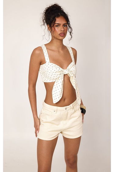 Cream Polka Dot Tie Front Denim Top
