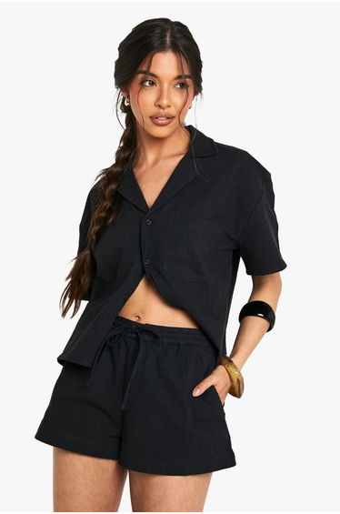 Linen Look Drawstring Shorts - black
