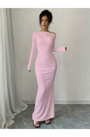 Solid Asymmetric Neck Bodycon Maxi Dress