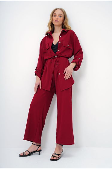 Women's Burgundy Double Pocket Safari Jacket and Elastic Waist Wide Leg Aerobin Trouser Set