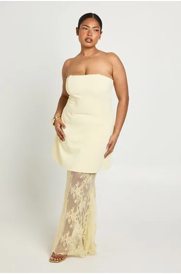 Plus Premium Structured Lace Maxi Dress - lemon