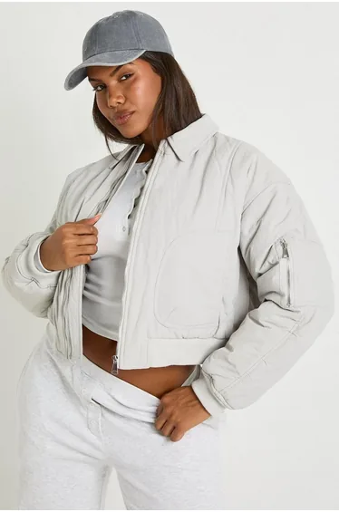 Ruched Sleeve Bomber Jacket - ice grey
