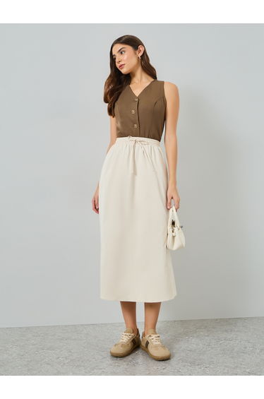 Beige Drawstring Waist Pleated Midi Skirt