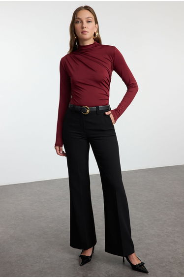 Burgundy Gather Detailed Stand-Up Collar Snap-On Stretchy Knitted Body