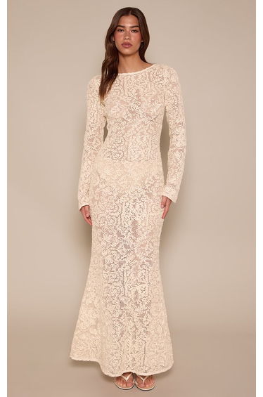 Cream Textured Long Sleeve Boat Neck Maxi Dress