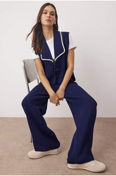 Navy Blue Vest-Pants Knitwear Bottom-Top Set