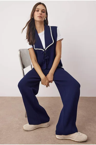 Navy Blue Vest-Pants Knitwear Bottom-Top Set