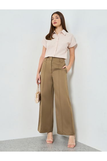 Tan Solid Wide Leg Trousers