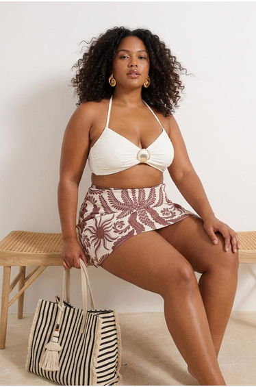 Brown Ethnic Patterned Shorts Skirted Mini Plus Size Bikini Bottom