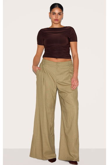 Plus Olive Premium Woven Pinstripe Tailored Straight Leg Trousers