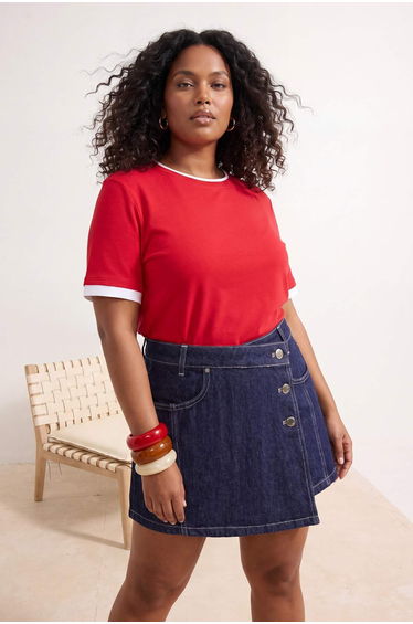 Red Collar Sleeve and Hem Detail Basic Knitted Plus Size Blouse