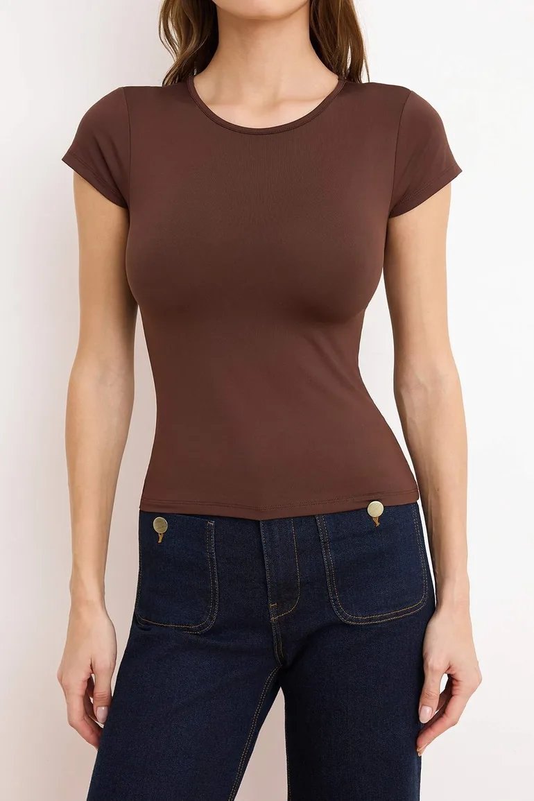 Brown Polyamide Short Sleeve Crew Neck Fitted/Bodycon Knitted T-Shirt - 2