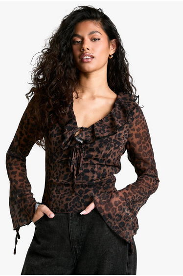 Chiffon Leopard Ruffle Tie Front Blouse - brown