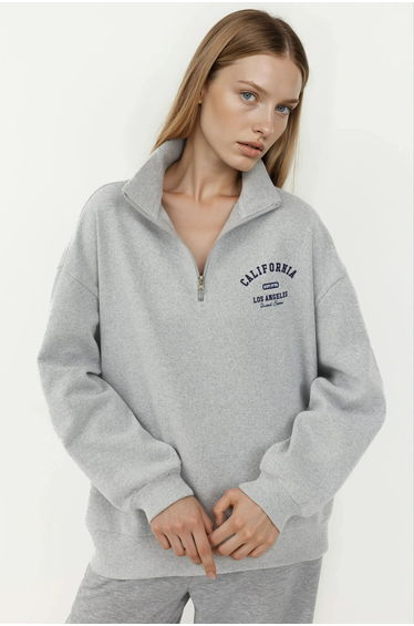 Printed Zipper Collar Relaxed Fit Sweatshirt