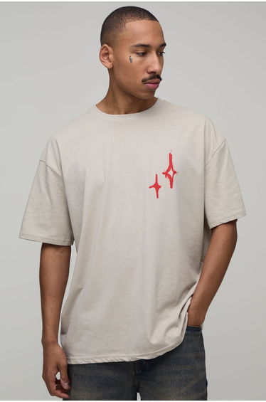 Oversized Star Graffiti Spray Print T-Shirt - stone
