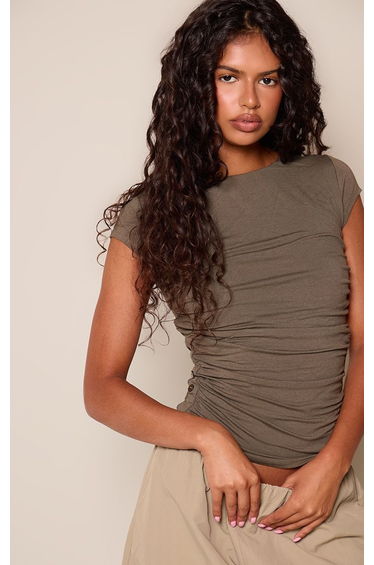Washed Khaki Soft Touch Button Side Detail Slouchy Top