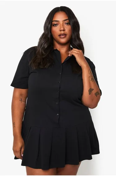 فستان قميص بحواف بطيات لون أسود - للمقاسات الكبيرة