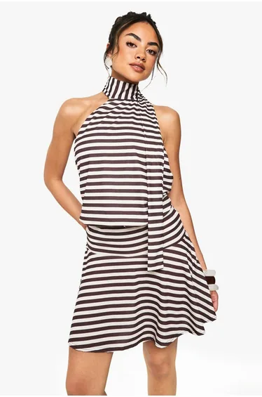 Stripe Halter Neck Backless Stripe Mini Dress