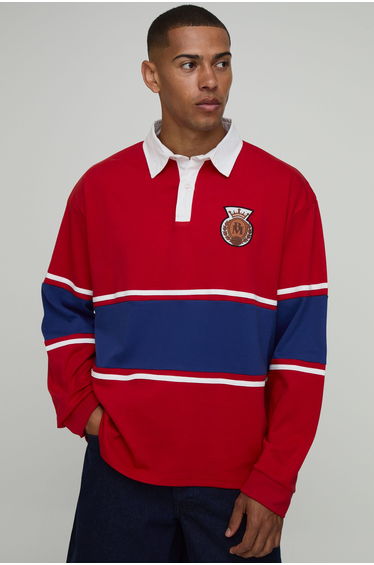 Oversized Interlock Cut and Sew Applique Rugby Polo - red