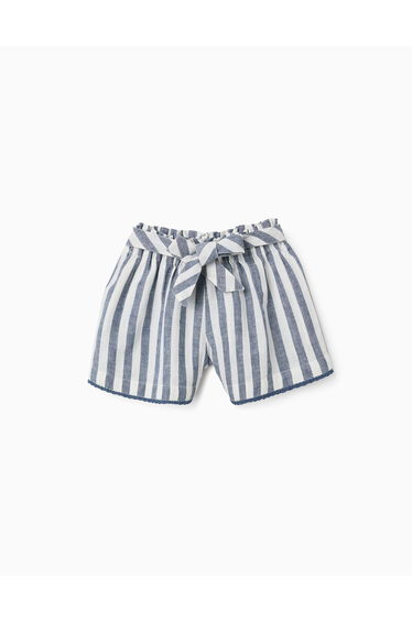 Striped Cotton And Linen Shorts With Belt You&Me For Girls, White/Blue