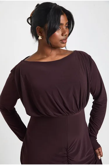 فستان بوهو بني ماكسي بقصة مستقيمة