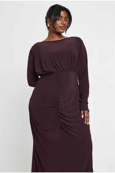 فستان بوهو بني ماكسي بقصة مستقيمة