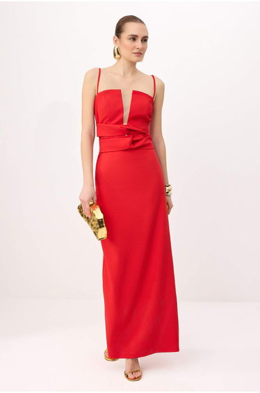 Red Plain Woven Finike Maxi Evening Dress & Homecoming Dress