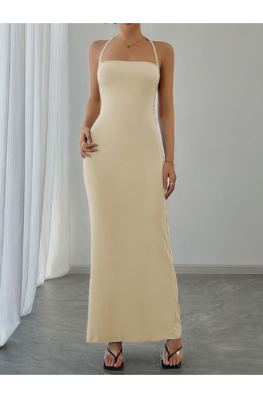 Women Beige Halter Neck Sleeveless Bodycon Maxi Dress