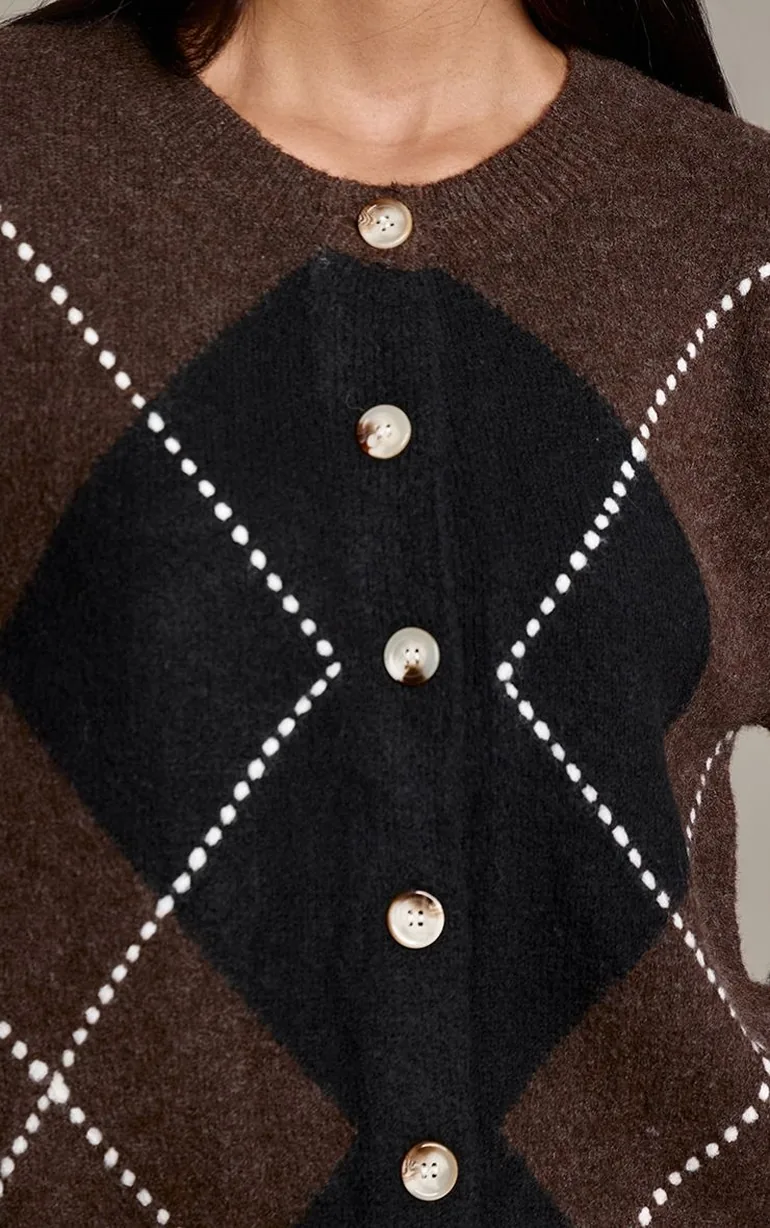 Chocolate Argyle Button Down Knitted Cardigan - 3