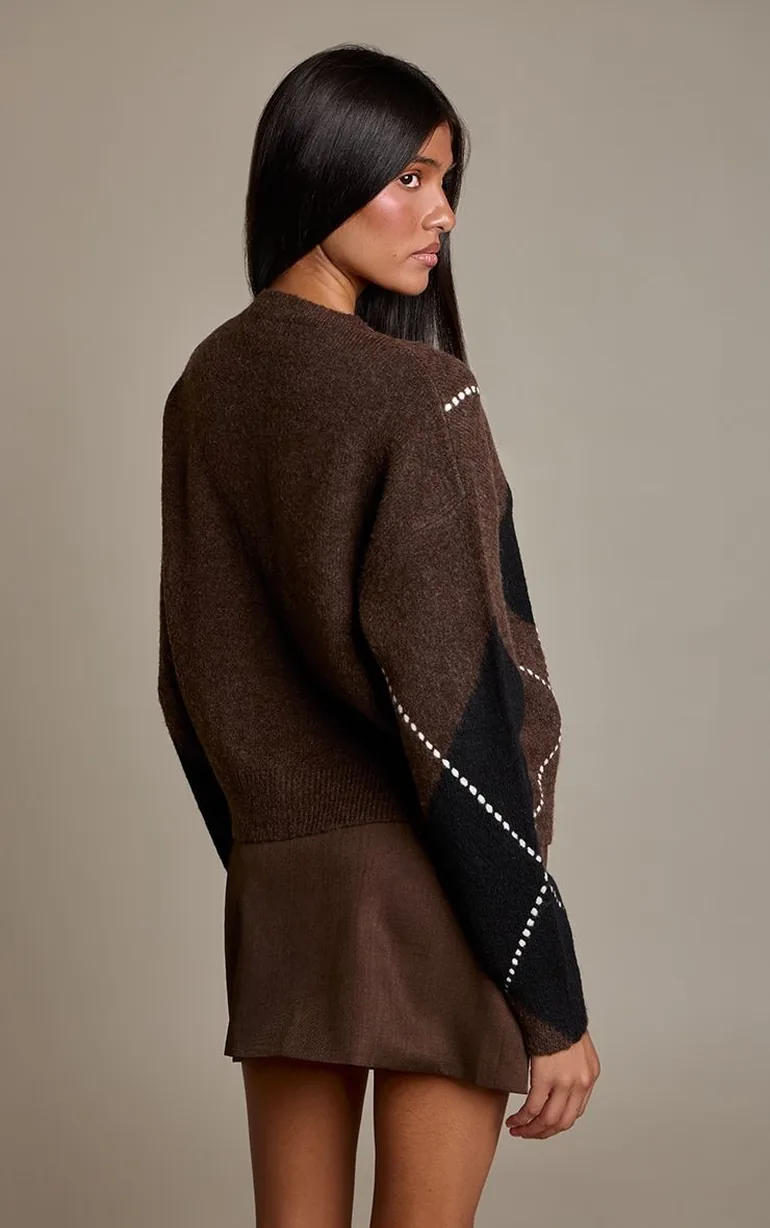 Chocolate Argyle Button Down Knitted Cardigan - 2