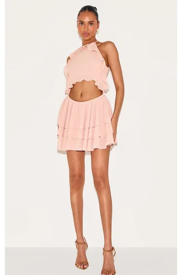 Blush Halterneck Frill Cut Out Shift Dress