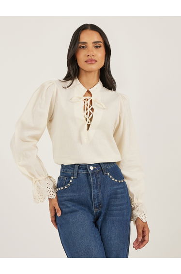 Women Cream Solid Volume Sleeves Lace-Up Top