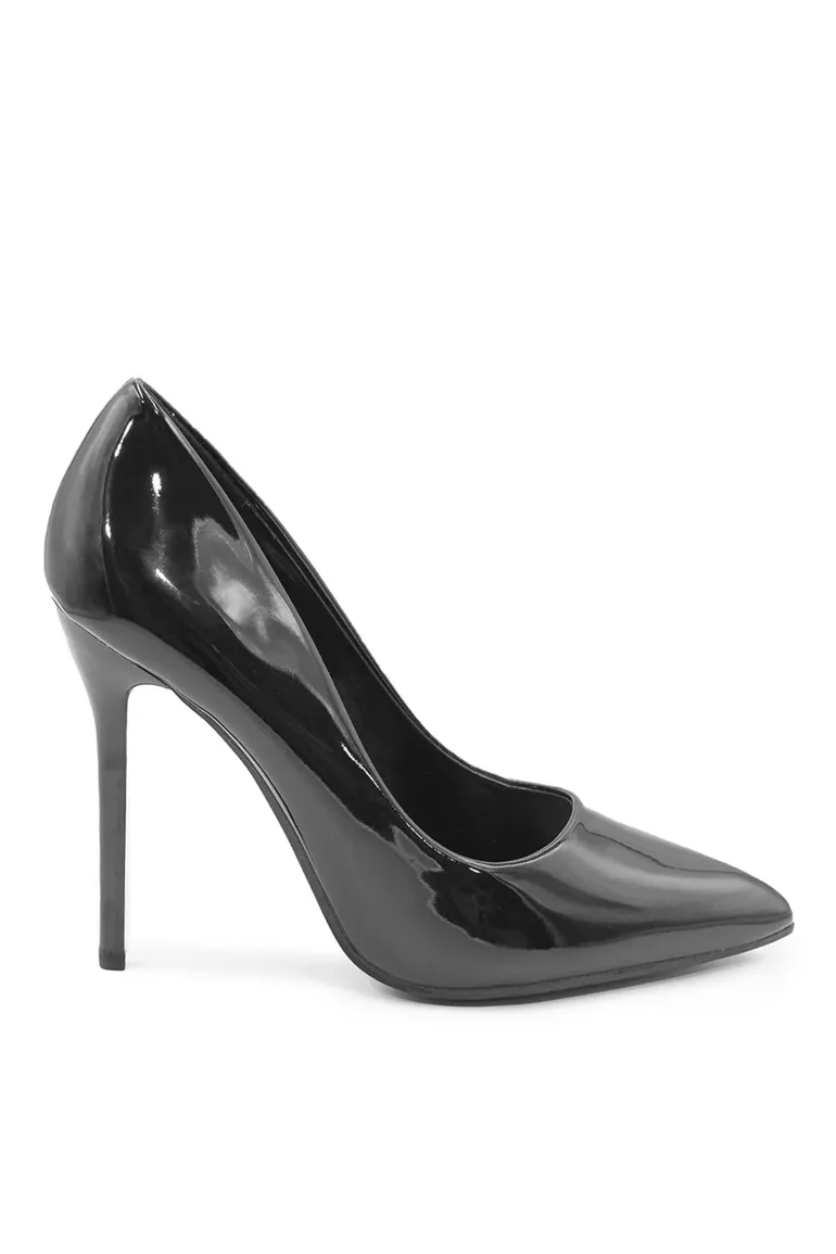 KYRA WIDE FIT HIGH HEEL STILETTO PUMPS IN BLACK PATENT FAUX LEATHER - 2
