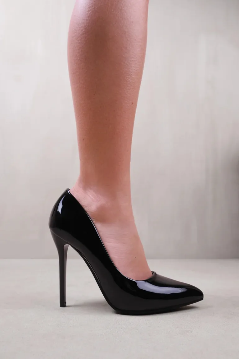 KYRA WIDE FIT HIGH HEEL STILETTO PUMPS IN BLACK PATENT FAUX LEATHER - 1