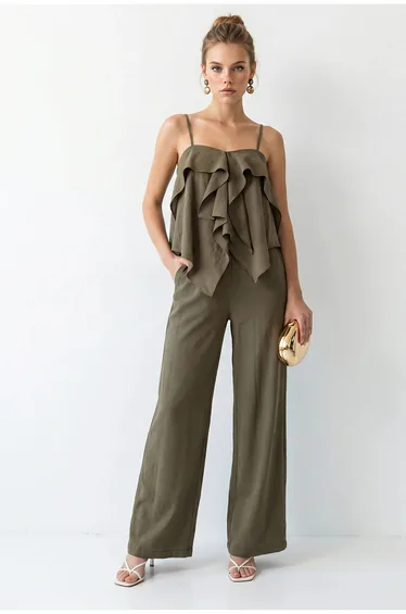 LUCCI Strapless Frilled Blouse And Wide-Leg Trousers Set