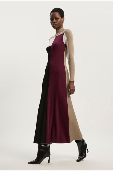 Slinky Viscose Colour Block Full Skirted Knit Dress