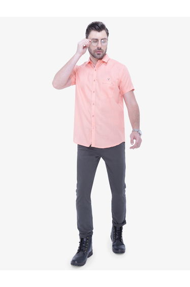 Men Peach Linen Blend Short Sleeve Shirt
