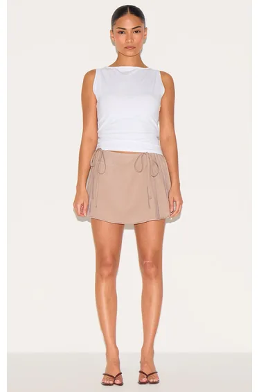 Petite Taupe Tie Detail Pleated Mini Skirt