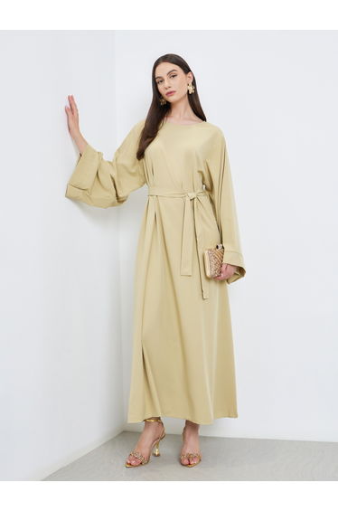 Solid Long Sleeve Belted Abaya