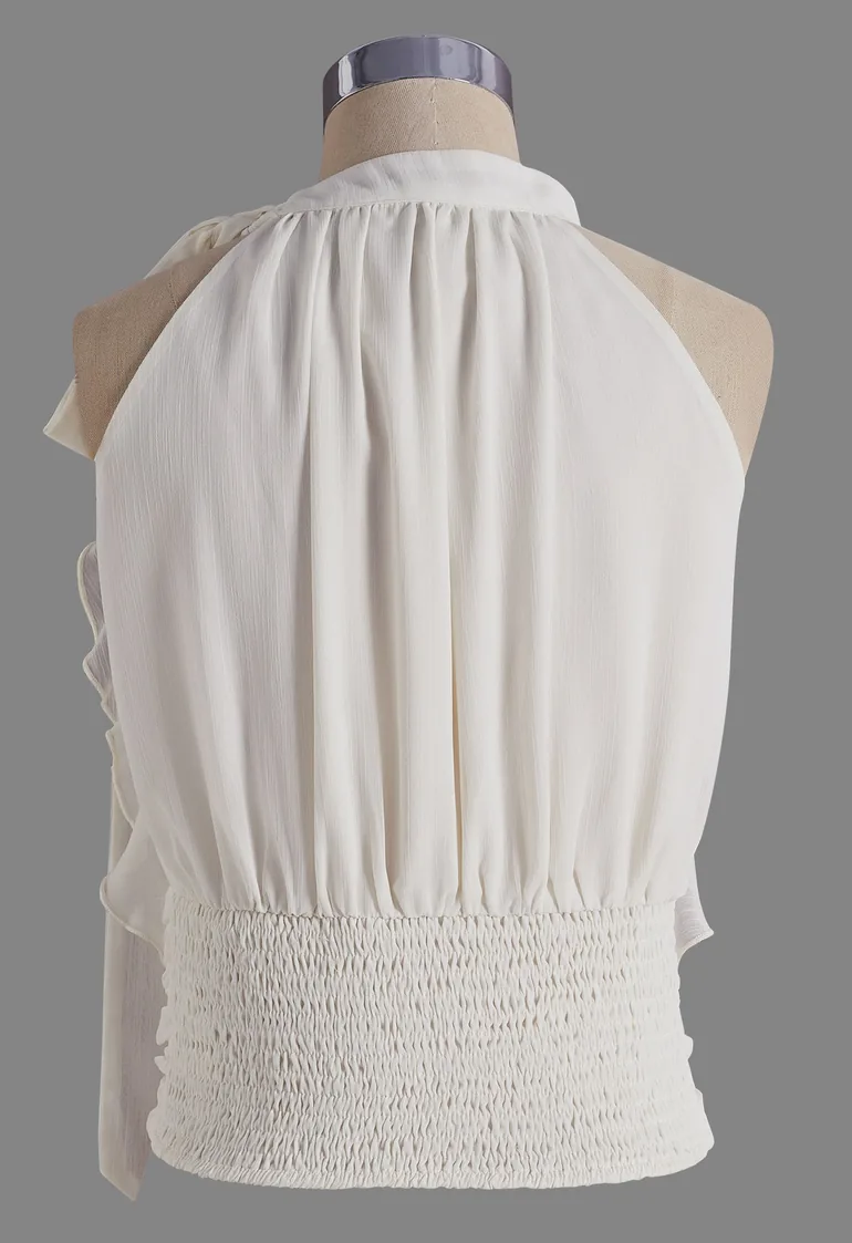 Cascade Ruffle Tie-Neck Halter Chiffon Top in Cream - 3