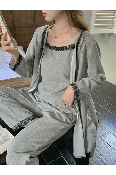 Pack of 3 - Solid Lace Trim Cami, Robe and Pyjama