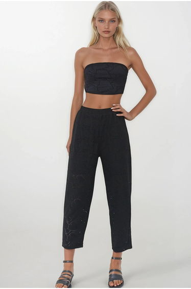 Women's Black Lined Hole Openwork Motif Patterned Trousers and Bustier Bottom Top Set