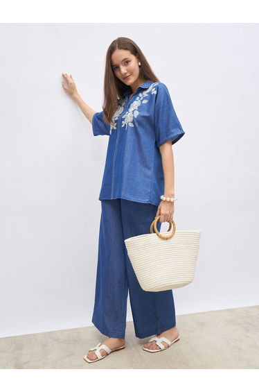 Oversized Chambray Shirt with Embroidery