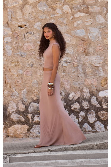 Taupe Mesh Mid Rise Fishtail Maxi Skirt