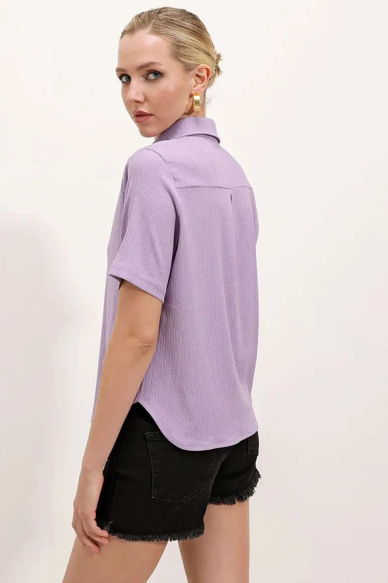 Gold Buttoned Knitted Shirt - Lilac - 3