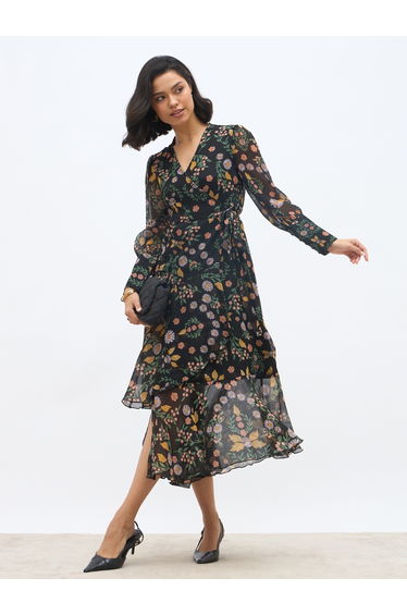 All-Over Print Asymmetric Hem Wrap Midi Dress