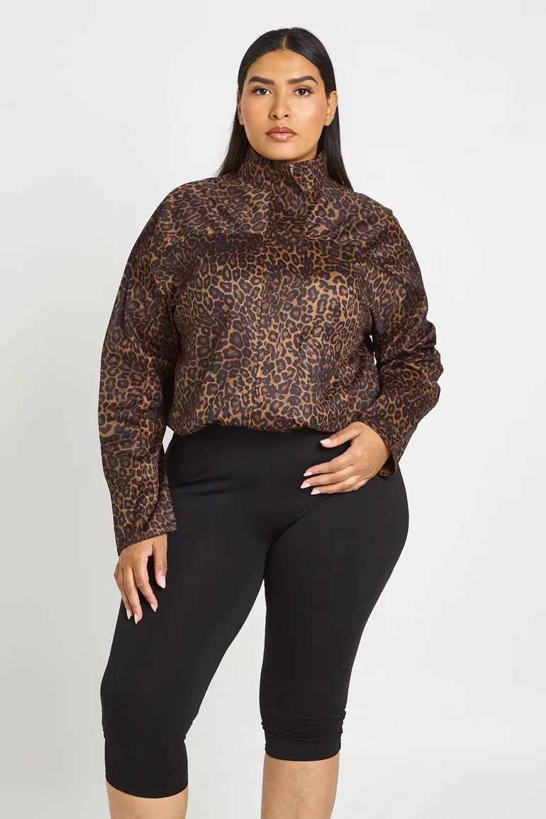 Plus Funnel Neck Twill Leopard Print Zip Through - leopard