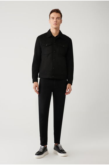 Men's Black Classic Collar Suede Look Pocket Jacket