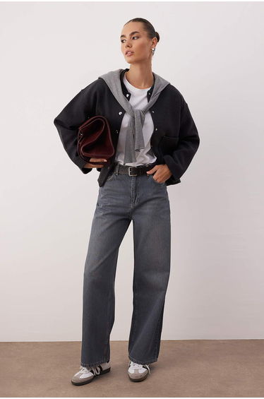 Gray high waist baggy wide leg comfortable wide leg 100% cotton jeans